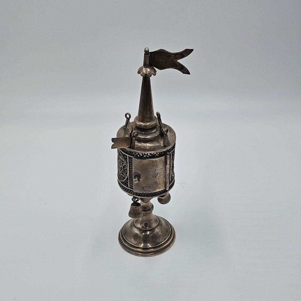 VTG Besamim Spice Tower Box Judaica Filigree Sterling Silver Kraston NY Patina